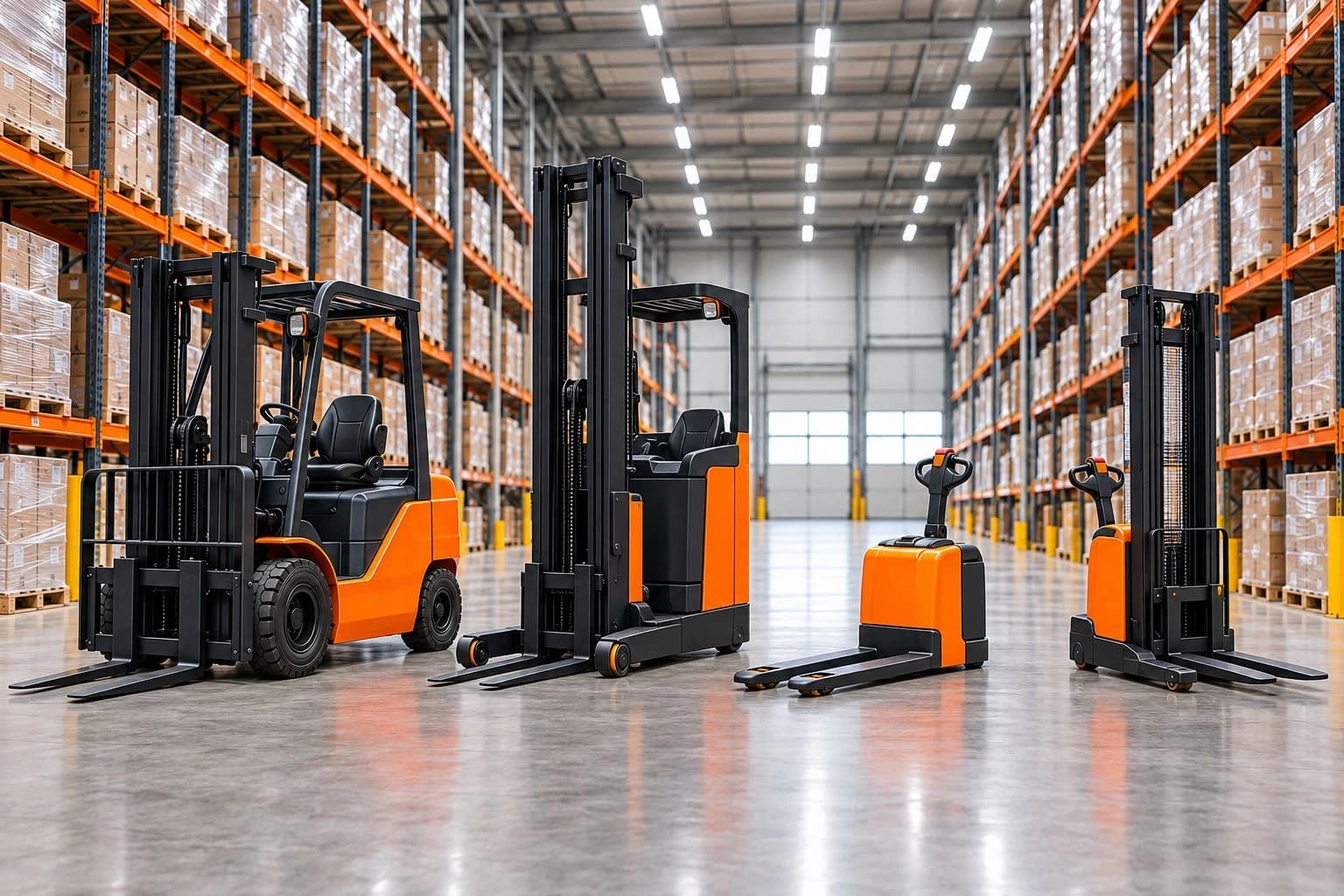 Een heftruck, reachtruck, elektrische pallettruck en stapelaar in een magazijn